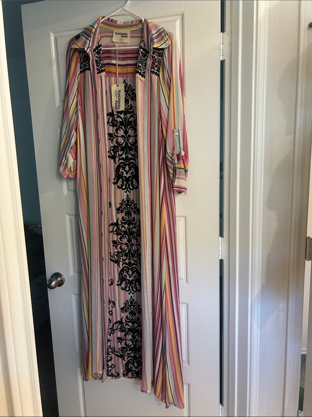 Multi-Stripe Maxi Dress with Black Damask Panel